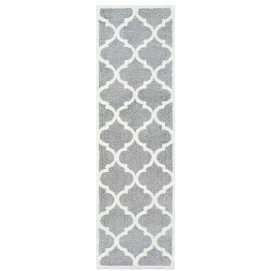 2' X 8' Grey And Ivory Geometric Shag Power Loom Stain Resistant Runner Rug