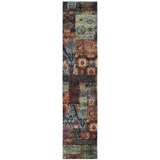2' X 10' Blue And Red Abstract Power Loom Runner Rug