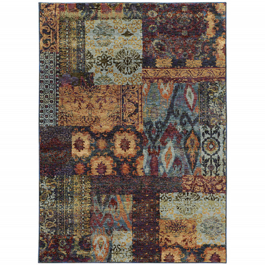 5' X 7' Gold Blue Purple Green And Red Abstract Power Loom Stain Resistant Area Rug