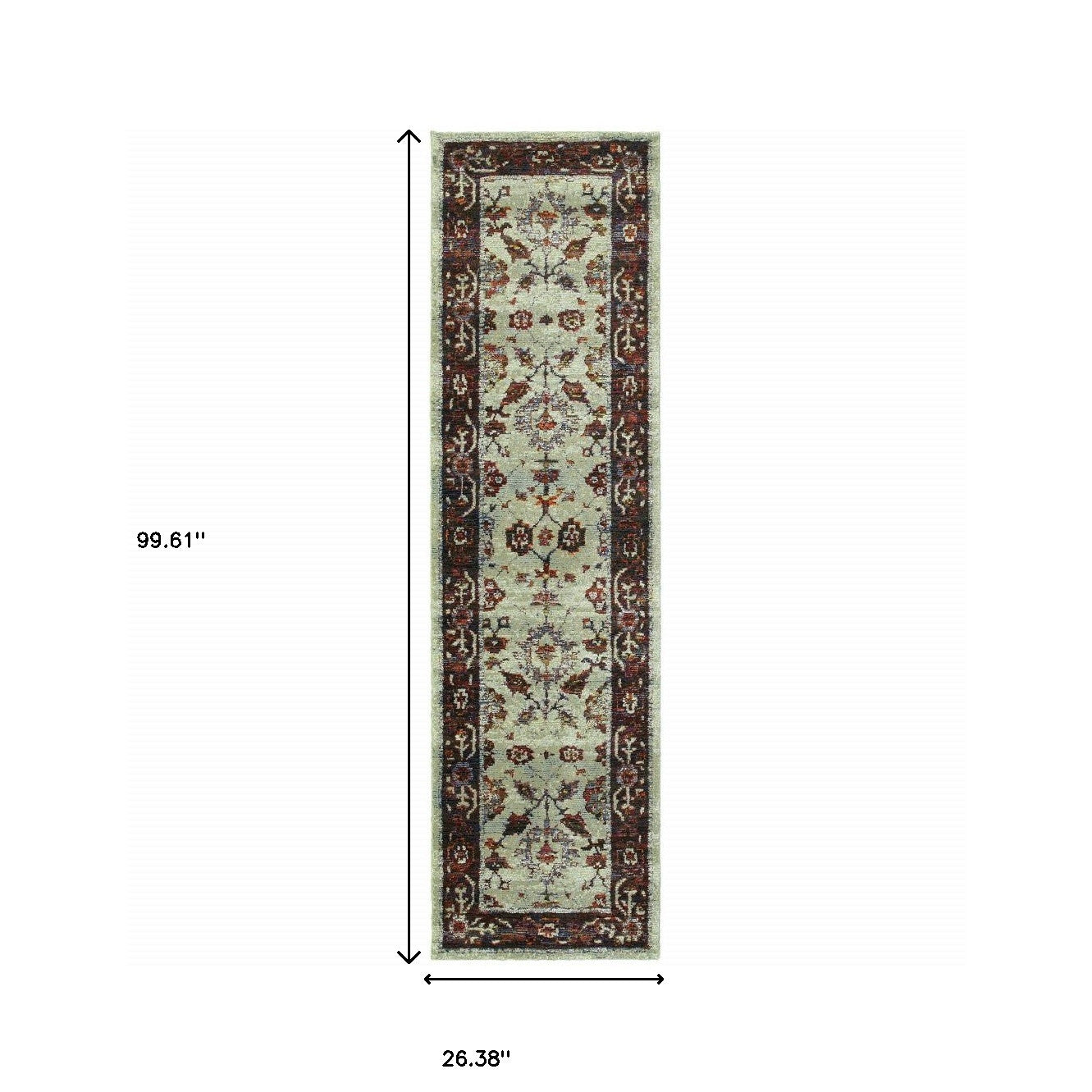 2' X 8' Stone And Red Oriental Power Loom Stain Resistant Runner Rug