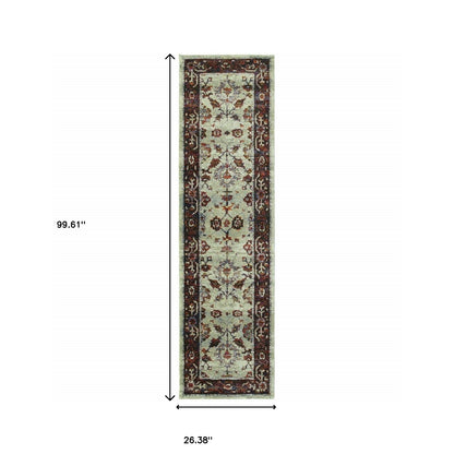 2' X 8' Stone And Red Oriental Power Loom Stain Resistant Runner Rug