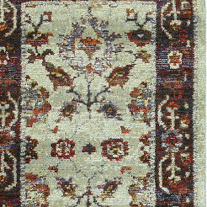 2' X 8' Stone And Red Oriental Power Loom Stain Resistant Runner Rug