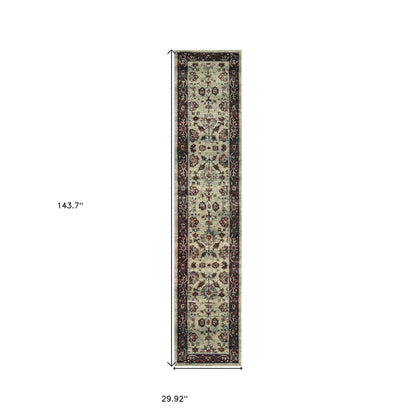 2' X 10' Stone And Red Oriental Power Loom Stain Resistant Runner Rug