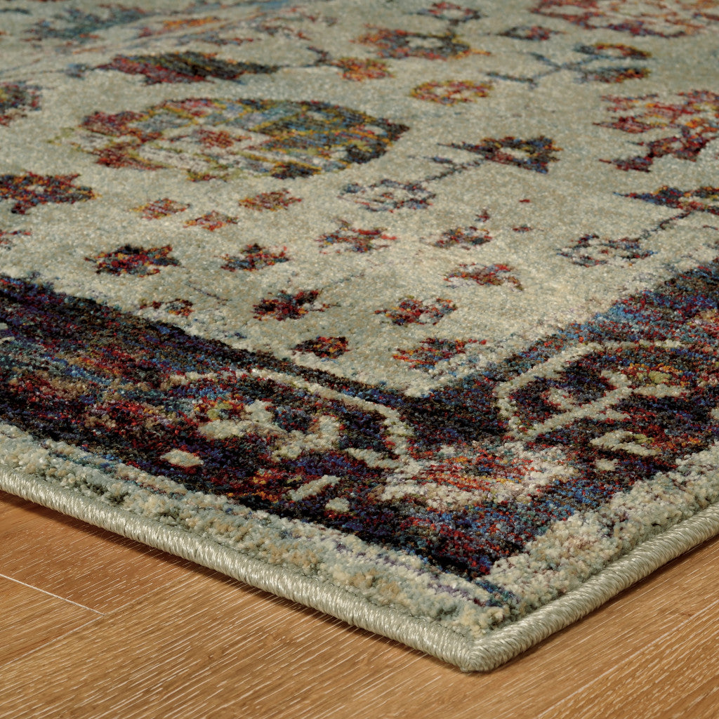 9' X 12' Stone And Red Oriental Power Loom Stain Resistant Area Rug
