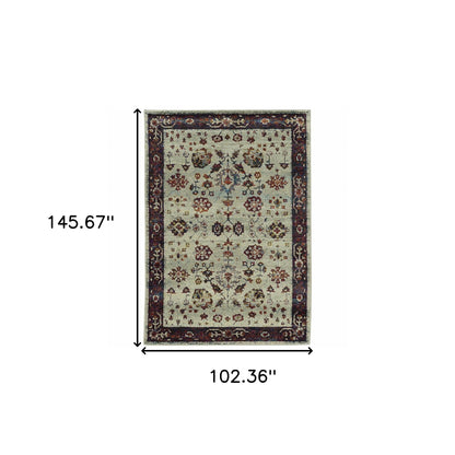 9' X 12' Stone And Red Oriental Power Loom Stain Resistant Area Rug