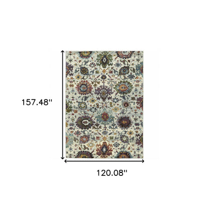 10' X 13' Stone Grey Purple Green Gold And Teal Oriental Power Loom Stain Resistant Area Rug