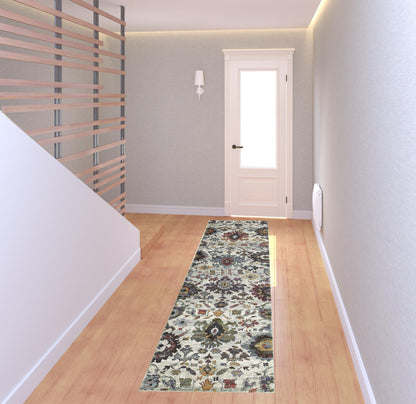 2' X 8' Stone Grey Purple Green Gold And Teal Oriental Power Loom Stain Resistant Runner Rug
