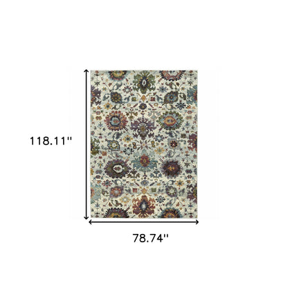 6' X 9' Stone Grey Purple Green Gold And Teal Oriental Power Loom Stain Resistant Area Rug