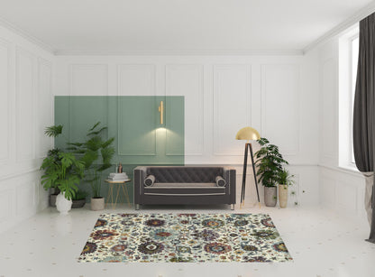 6' X 9' Stone Grey Purple Green Gold And Teal Oriental Power Loom Stain Resistant Area Rug