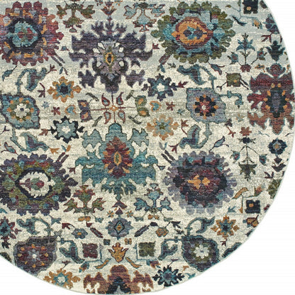 8' Stone Grey Purple Green Gold And Teal Round Oriental Power Loom Stain Resistant Area Rug