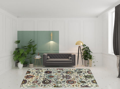 8' X 10' Stone Grey Purple Green Gold And Teal Oriental Power Loom Stain Resistant Area Rug