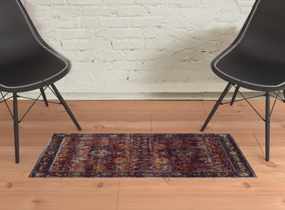 2' X 3' Red Purple Gold And Grey Oriental Power Loom Stain Resistant Area Rug