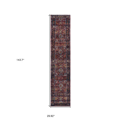 2' X 10' Red Purple Gold And Grey Oriental Power Loom Stain Resistant Runner Rug