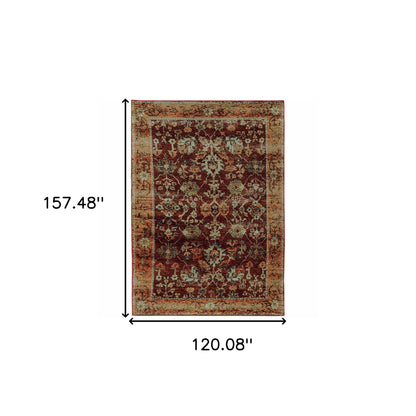 10' X 13' Red Gold And Green Oriental Power Loom Stain Resistant Area Rug