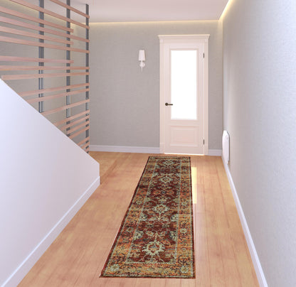 2' X 8' Red Gold And Green Oriental Power Loom Stain Resistant Runner Rug