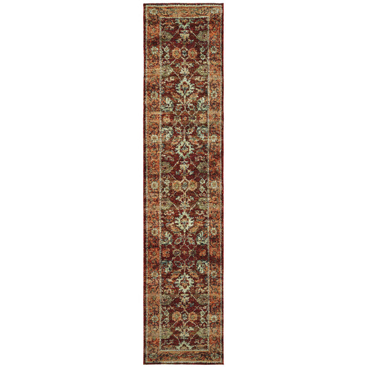 2' X 10' Red Gold And Green Oriental Power Loom Stain Resistant Runner Rug