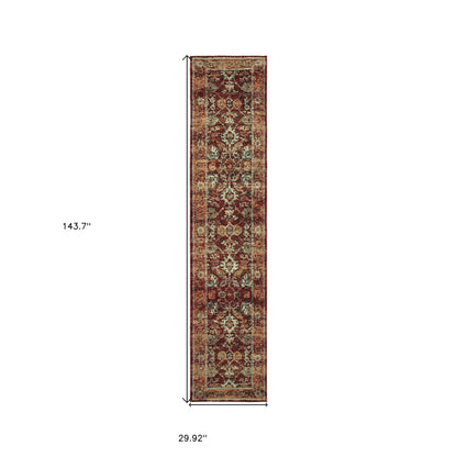 2' X 10' Red Gold And Green Oriental Power Loom Stain Resistant Runner Rug