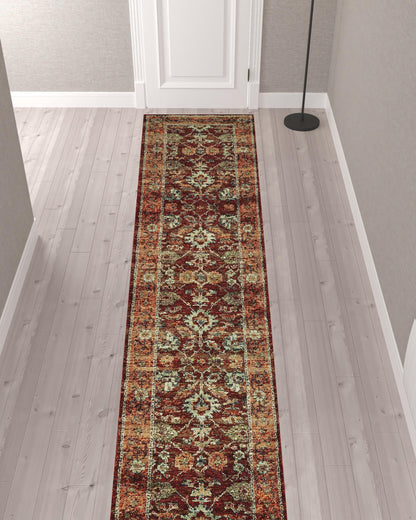 2' X 10' Red Gold And Green Oriental Power Loom Stain Resistant Runner Rug