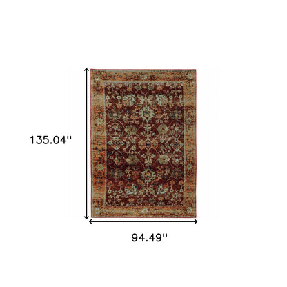 8' X 10' Red Gold And Green Oriental Power Loom Stain Resistant Area Rug