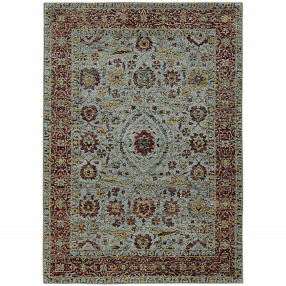 10' X 13' Blue Red Green And Gold Oriental Power Loom Stain Resistant Area Rug