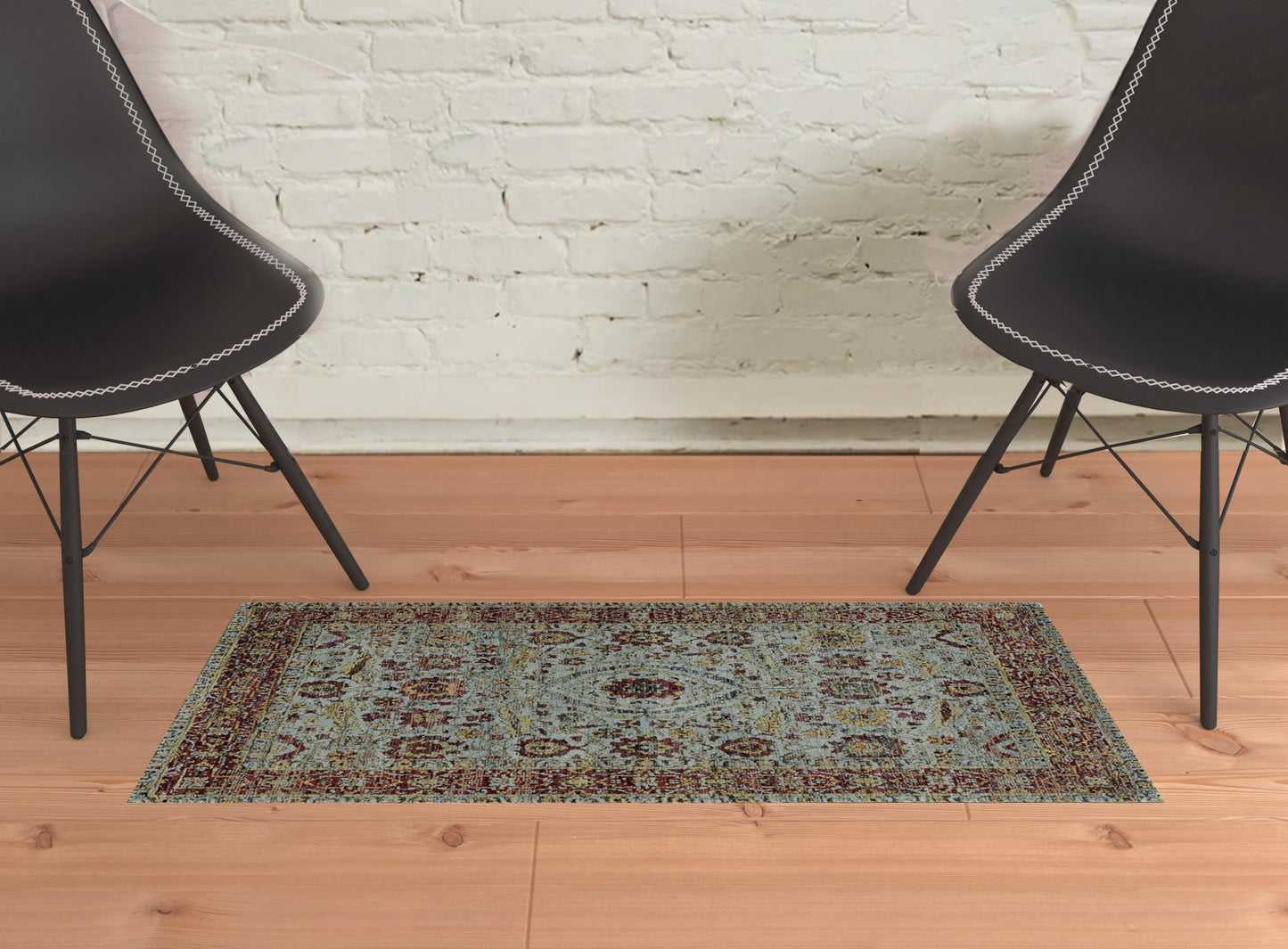 2' X 3' Blue Red Green And Gold Oriental Power Loom Stain Resistant Area Rug