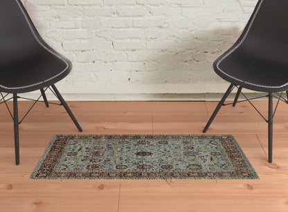 2' X 3' Blue Red Green And Gold Oriental Power Loom Stain Resistant Area Rug