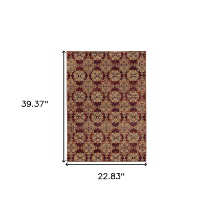 2' X 3' Red And Gold Oriental Power Loom Stain Resistant Area Rug