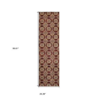 2' X 8' Red And Gold Oriental Power Loom Stain Resistant Runner Rug