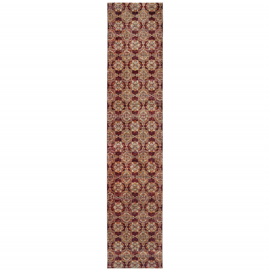 2' X 10' Red And Gold Oriental Power Loom Stain Resistant Runner Rug