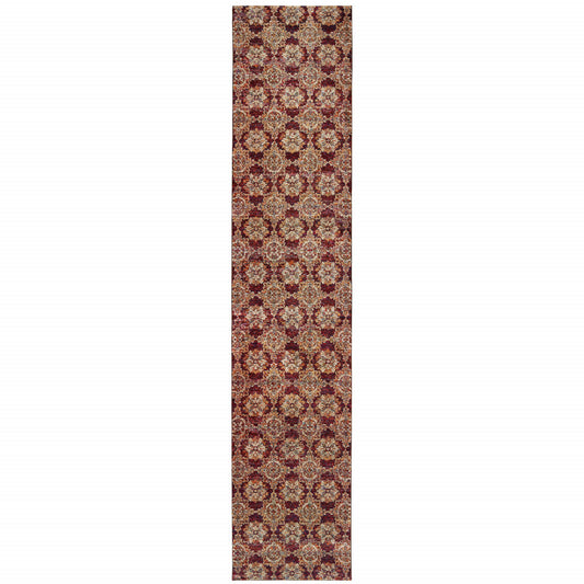 2' X 10' Red And Gold Oriental Power Loom Stain Resistant Runner Rug