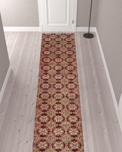 2' X 10' Red And Gold Oriental Power Loom Stain Resistant Runner Rug