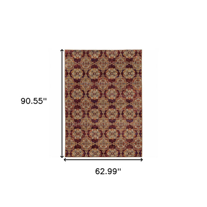 5' X 7' Red And Gold Oriental Power Loom Stain Resistant Area Rug