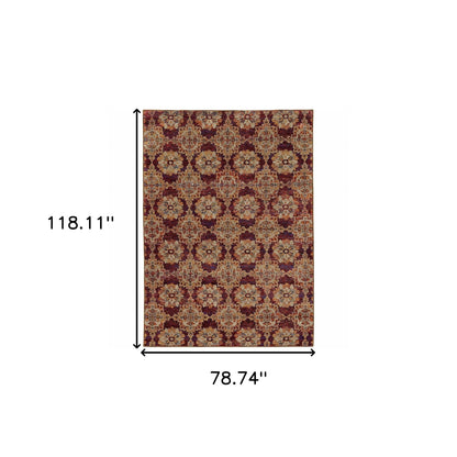 6' X 9' Red And Gold Oriental Power Loom Stain Resistant Area Rug