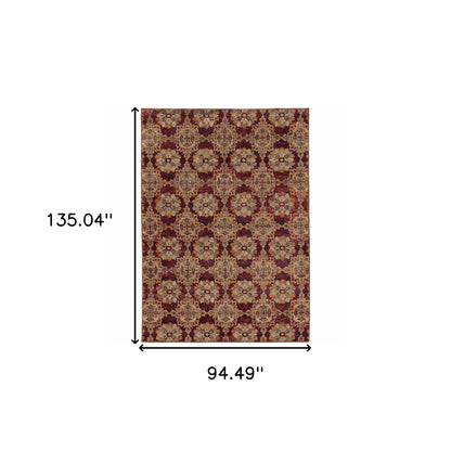 8' X 10' Red And Gold Oriental Power Loom Stain Resistant Area Rug