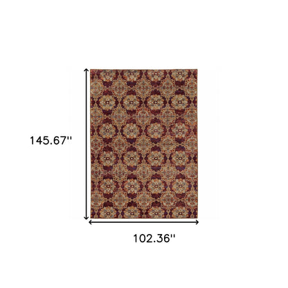 9' X 12' Red And Gold Oriental Power Loom Stain Resistant Area Rug