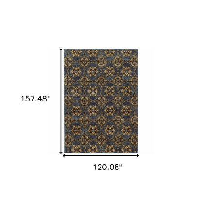 10' X 13' Blue And Gold Oriental Power Loom Stain Resistant Area Rug
