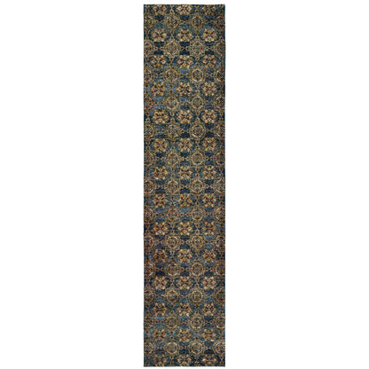2' X 10' Blue And Gold Oriental Power Loom Stain Resistant Runner Rug