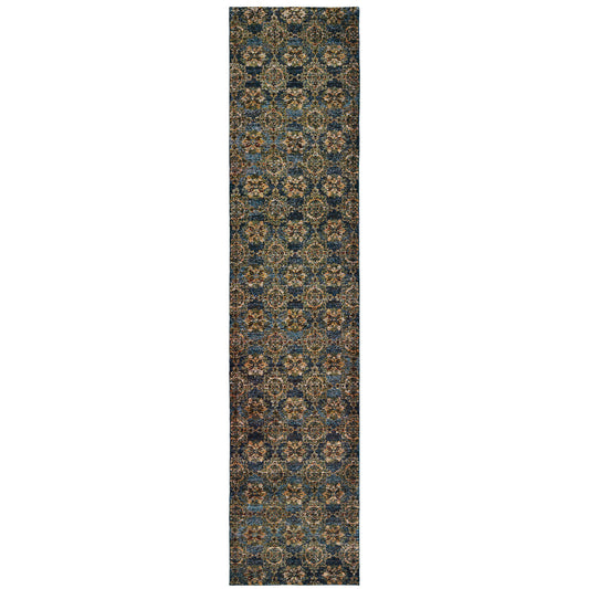 2' X 10' Blue And Gold Oriental Power Loom Stain Resistant Runner Rug