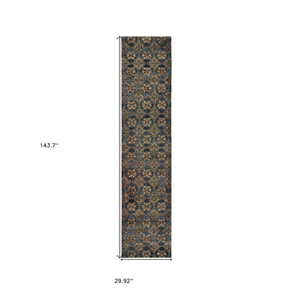 2' X 10' Blue And Gold Oriental Power Loom Stain Resistant Runner Rug