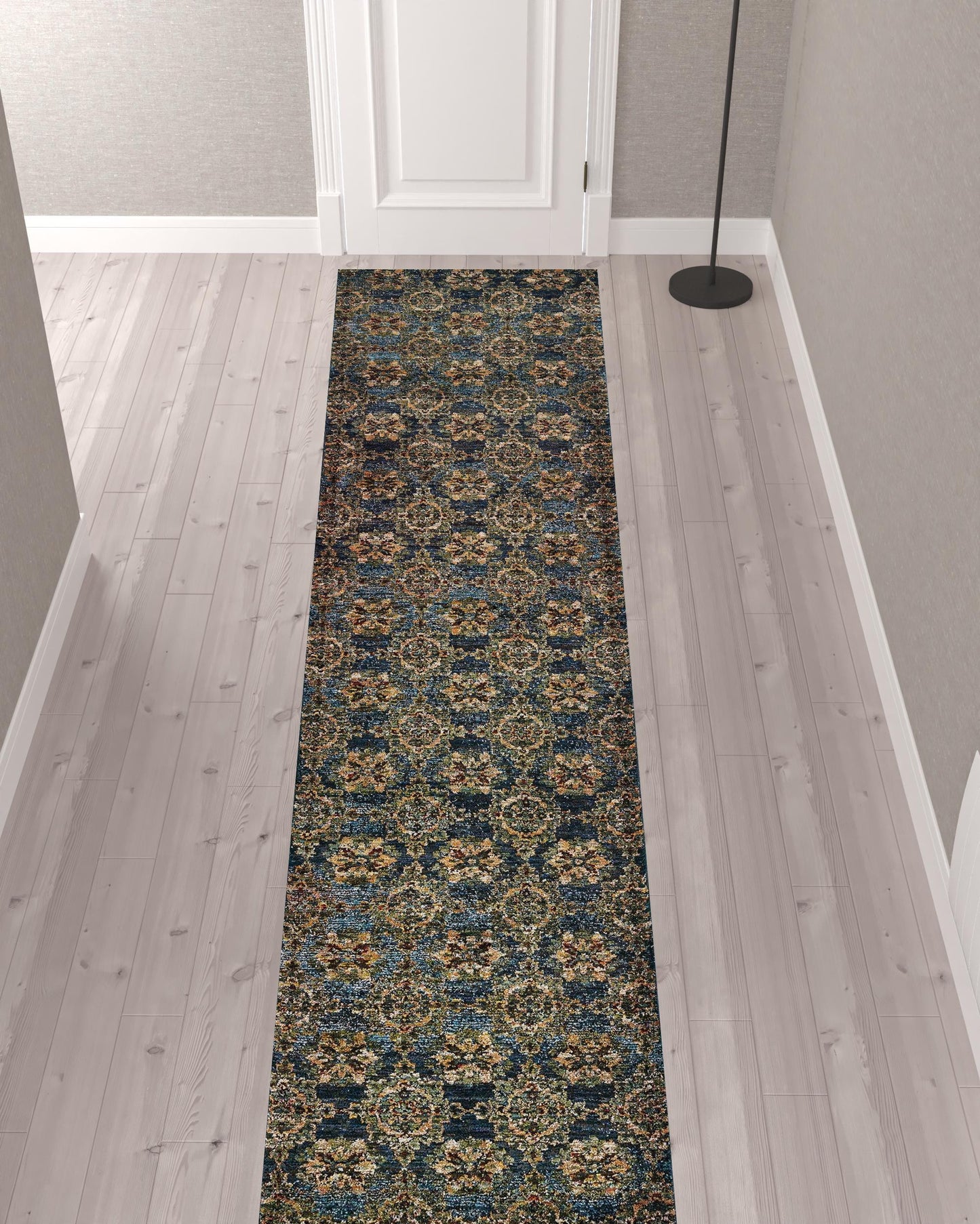 2' X 10' Blue And Gold Oriental Power Loom Stain Resistant Runner Rug