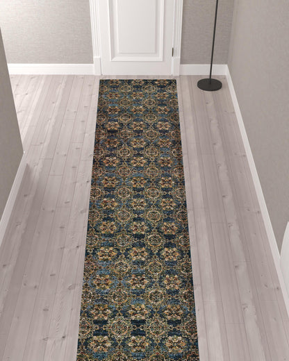 2' X 10' Blue And Gold Oriental Power Loom Stain Resistant Runner Rug