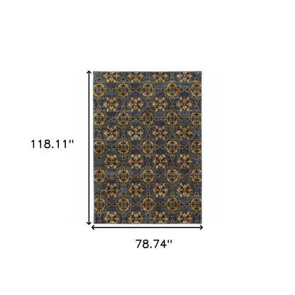 6' X 9' Blue And Gold Oriental Power Loom Stain Resistant Area Rug