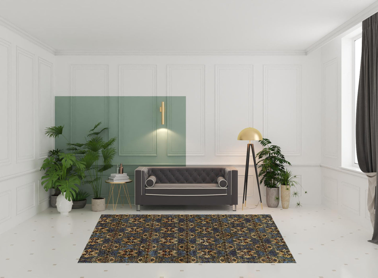 6' X 9' Blue And Gold Oriental Power Loom Stain Resistant Area Rug