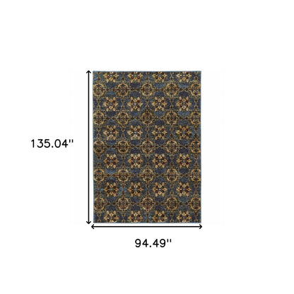 8' X 10' Blue And Gold Oriental Power Loom Stain Resistant Area Rug