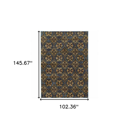 9' X 12' Blue And Gold Oriental Power Loom Stain Resistant Area Rug