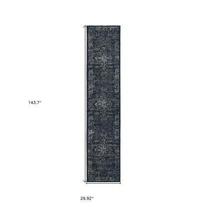2' X 10' Blue And Brown Oriental Power Loom Stain Resistant Runner Rug