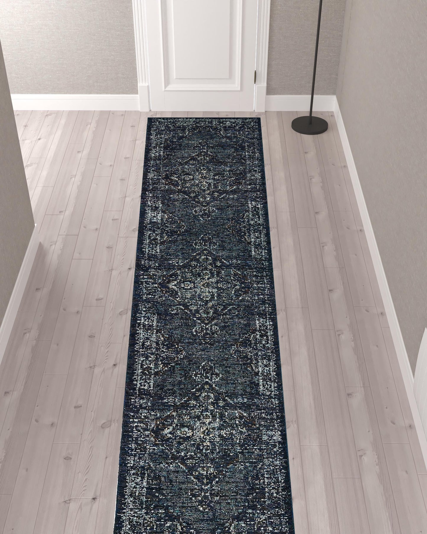2' X 10' Blue And Brown Oriental Power Loom Stain Resistant Runner Rug