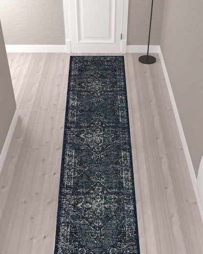 2' X 10' Blue And Brown Oriental Power Loom Stain Resistant Runner Rug
