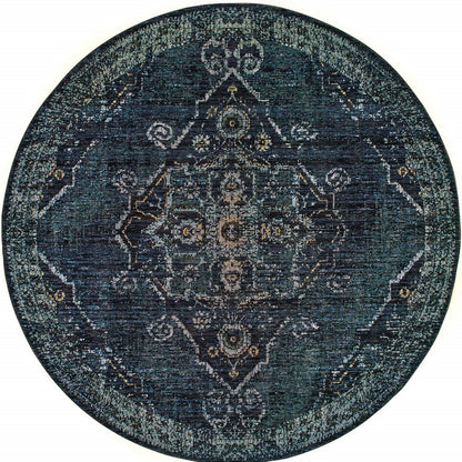 8' Blue And Brown Round Oriental Power Loom Stain Resistant Area Rug