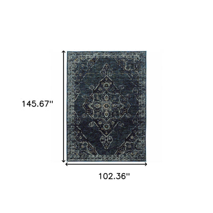 9' X 12' Blue And Brown Oriental Power Loom Stain Resistant Area Rug